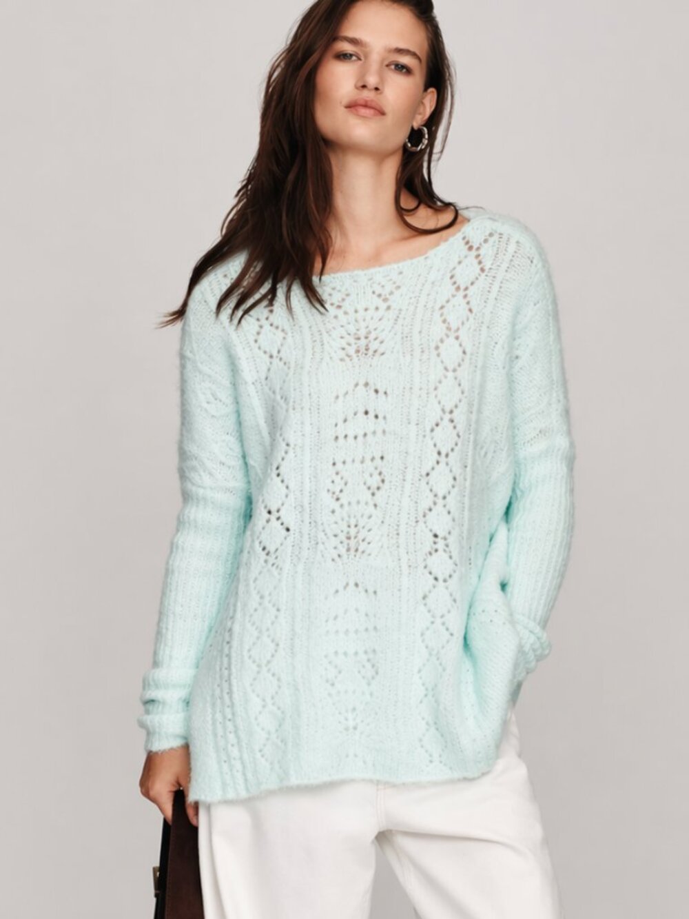 NWT Anthropologie Mint Blue Pointelle Open Knit Boat Neck Tunic Sweater XS